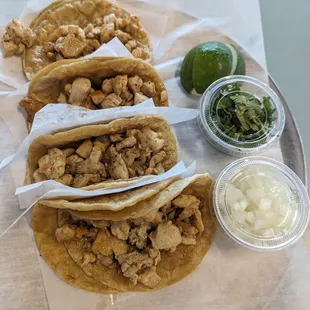 Grilled chicken tacos - pair well with the simplistic onion and cilantro and lime