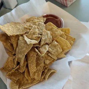Chips are thick and salsa is delicious
