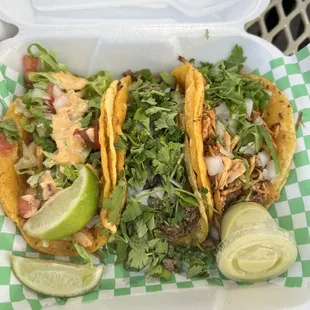 Shrimp, beef and chicken tacos