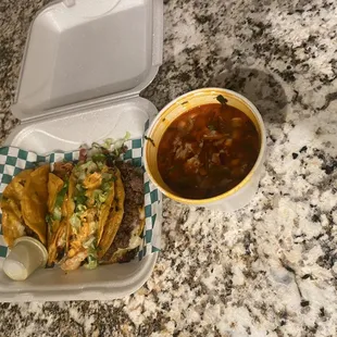 Shredded beef, shredded chicken, shrimp, and steak tacos. Also birria.