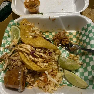 This is 3 chicken tacos. Ooops I ate one nice and meaty. Nice flavor! I will return when I'm in the mood for chicken tacos ...