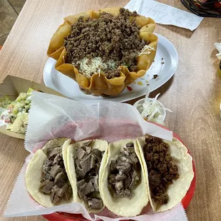 Perfect beef tongue tacos  &amp; Al pastor. The taco salad is huge! All delicious