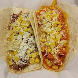 Baracoa taco on the left, Chicken Pibil taco on the right, both subbing corn salsa for onion and cilantro. Both very tasty.