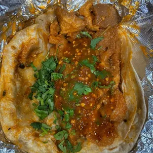 Chicharron taco (added cilantro and salsa)