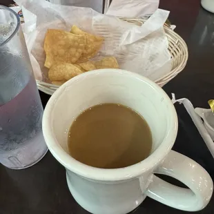 Coffee and mostly eaten chips.