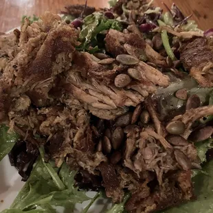 Small salad with pork close-up