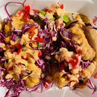 Fried fish and shrimp tacos. Fried fish is my favorite.