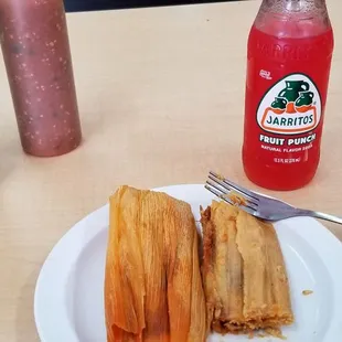 Pork tamales. $1.89 each and fruit punch Jarrito soda.Too much masa!
