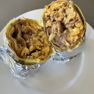 Breakfast burrito with eggs , chorizo and beans - yummy!