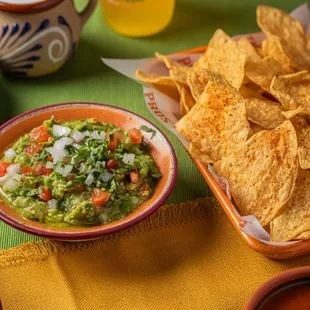 tortilla, guacamole, salsa, and corn chips