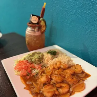 Camarones al Ajo - Shrimp in a Garlic Sauce and the drink is a pepino barrilito