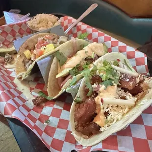 Street tacos (shrimp, Jorge Taco, Tecate Barbacoa Taco)