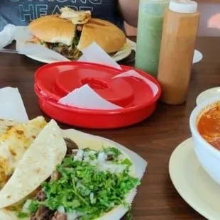 Barbacoa taco, menudo and torta