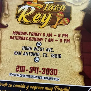 a menu for a taco rey restaurant