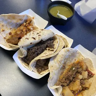 Chorizo and potatoe, barbacoa, carne guisada and picadillo.