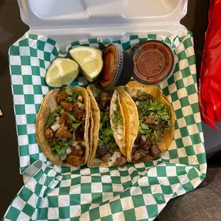 Tacos al pastor and steak