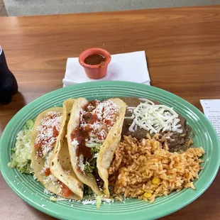#3 two tacos, one chicken and one ground beef with rice and beans.  Very good!