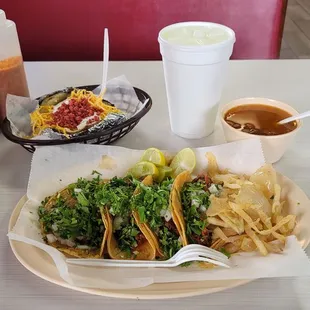 1. Taco Combo with tacos de deshebrada,  baked potato, beans and drink