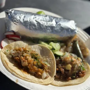 Taco al pastor. Taco de tripa and carne asada burro.  Yes I was hungry