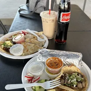 Carne asada burrito, tacos, and quesadilla. Horchata too.