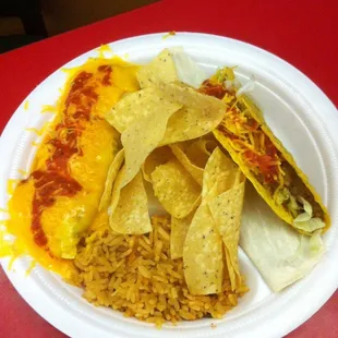 Combo plate (enchilada, burrito, taco, rice and chips)