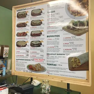 Menu board with prices