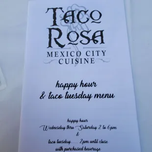 Happy hour and Taco Tuesday hours