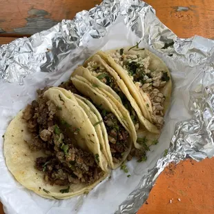 Beef fajita and chicken on corn tortillas