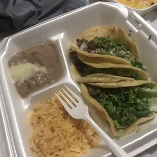 Asada taco plate with rice and beans