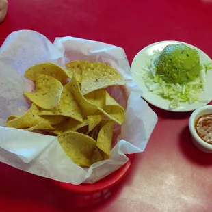 a basket of chips and a bowl of guacamole