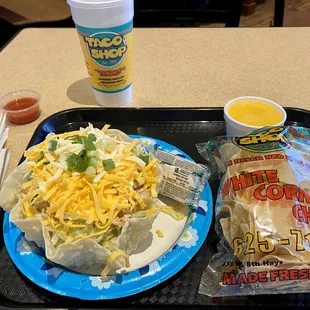 a plate of food and a drink