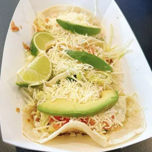 Fajita veggies, avocado , bean tacos