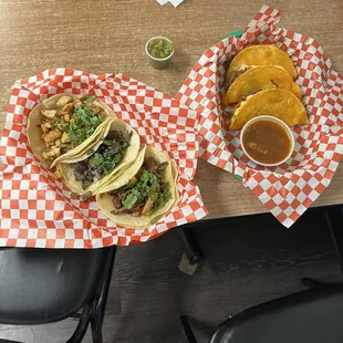 Pollo asado taco, carne asada taco, Al pastor taco, and 3 fried cheese and birria tacos!