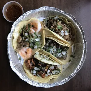 shrimp, al pastor, carne asada, carnitas