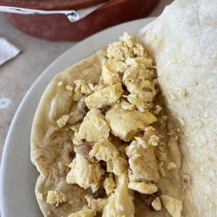 Chorizo and egg taco - except there was hardly any chorizo.