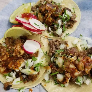 2 steak and 1 pork tacos