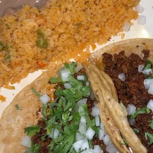 Chorizo tacos + rice &amp; beans