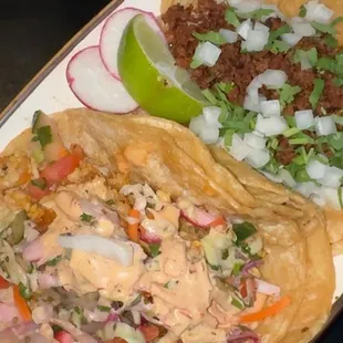 Baja fish taco &amp; chorizo tacos