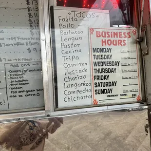 Taco meat choices &amp; business hours