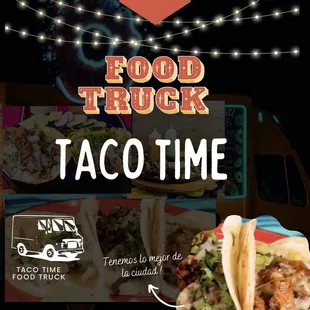 a taco truck with lights in the background