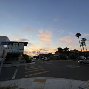 a city street at sunset