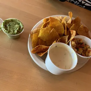 Chips, guac, salsa, queso cheese sauce