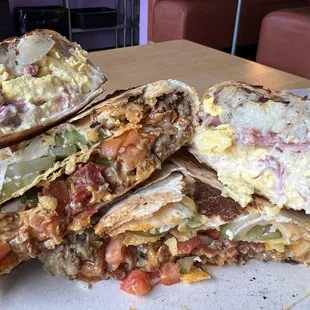 Bacon Cheeseburger crunch wrap &amp; Corned Beef Brunch Burrito.