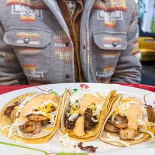 Carne Asada and Shrimp Tacos on corn tortillas