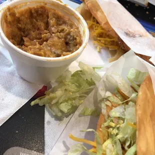 Puffy bbq tacos (seasonal) and chili con carne.