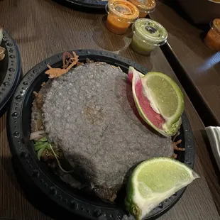 Asada mulita with hand made blue tortillas