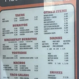 Drive thru menu 12/2023