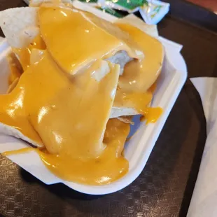 Small nachos no jalapeños with a photobombing of the best taco sauce