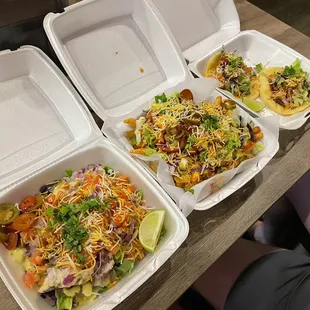 Lamb salad, loaded fries, naan lamb taco