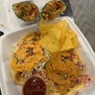 Chicken Tikka Burrito, Butter Chicken taco and Fish Tikka taco